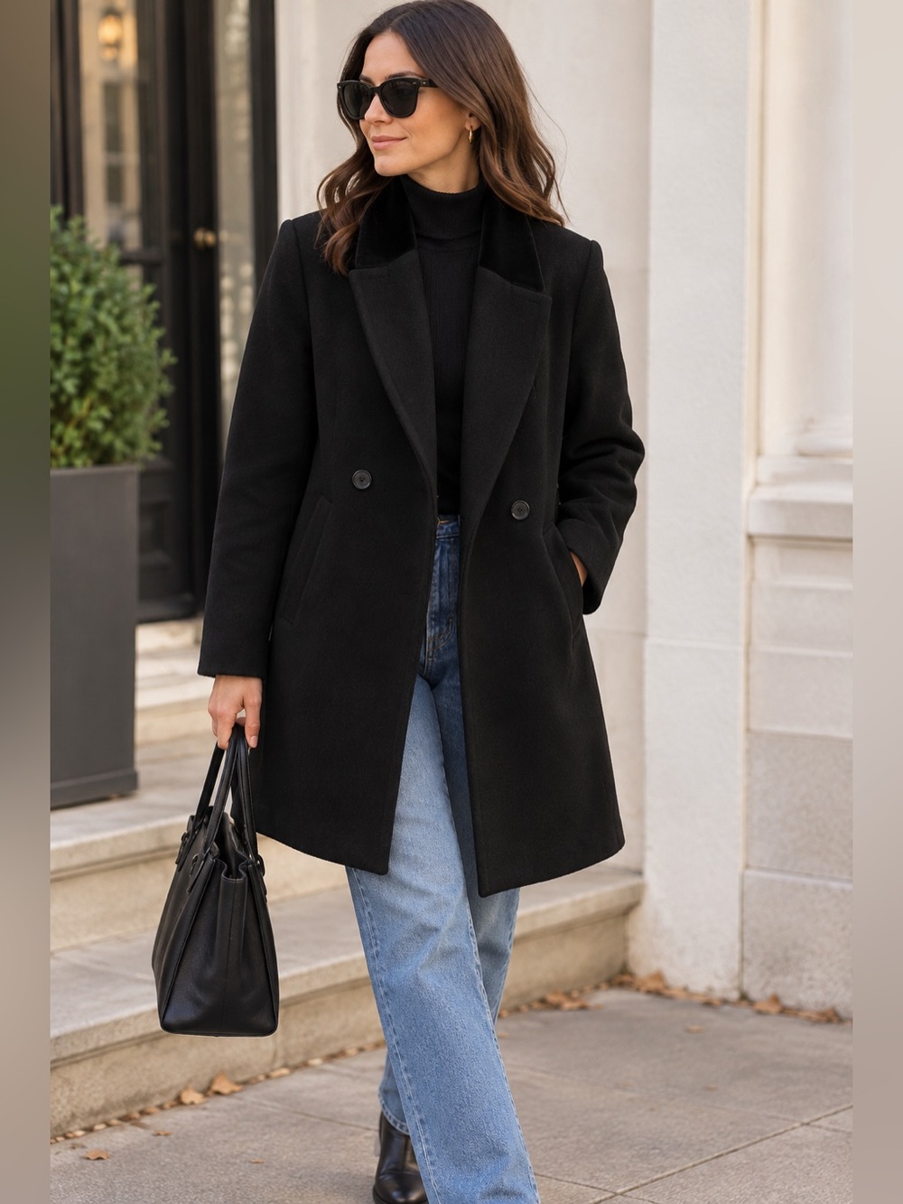 Vintage Leslie Fay Black Wool Peacoat Women’s L Petite 100% Wool Long Coat